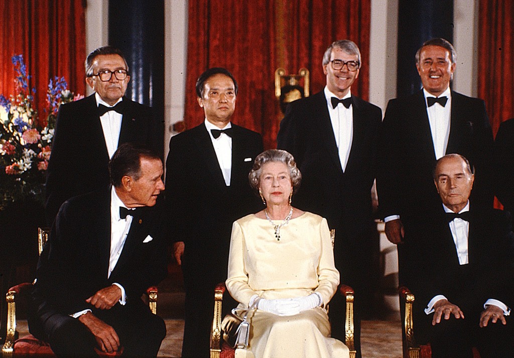 US President George Bush appears to be ignored by the Queen at The 17th G7 Summit was held in London, England, United Kingdom between July 15 to 17, 1991. The venue for the summit meetings was Lancaster House in London. Peter Bregg